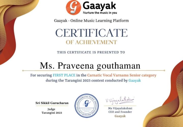 TARANGINI GLOBAL ONLINE CARNATIC MUSIC CONTEST 2023 Vashi Artiste Praveena Gouthaman Wins First Prize