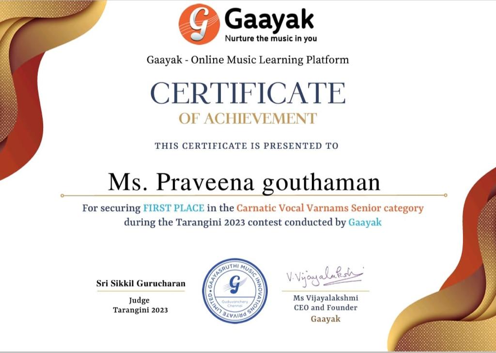 TARANGINI GLOBAL ONLINE CARNATIC MUSIC CONTEST 2023 Vashi Artiste Praveena Gouthaman Wins First Prize